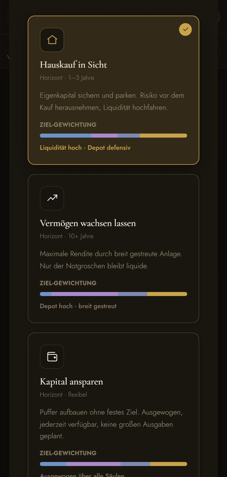 Anlageziel-Auswahl auf dem Smartphone